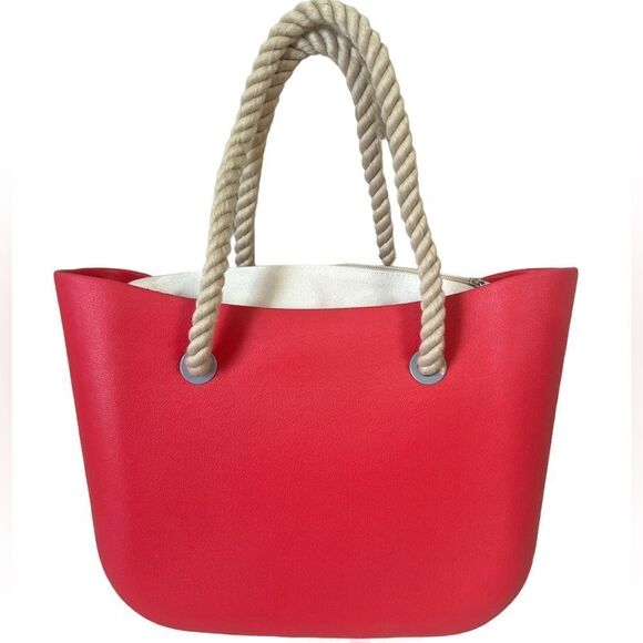 Beach Tote Red Rubber Canvas Lined Tote bag with braided rope handle - Picture 13 of 13